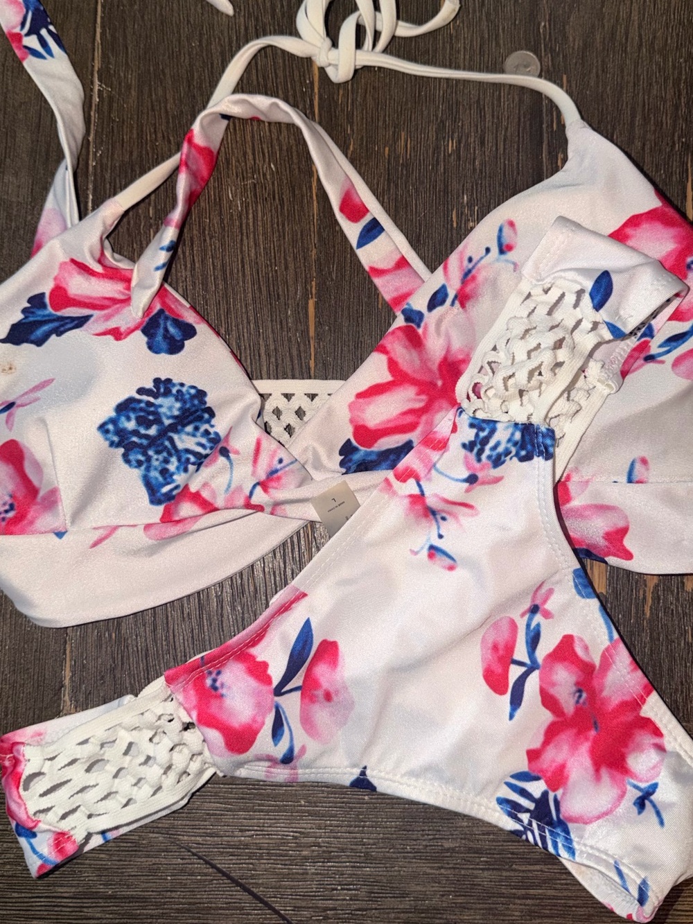 SHEIN White Floral Bikini Set with Pink and Blue Print